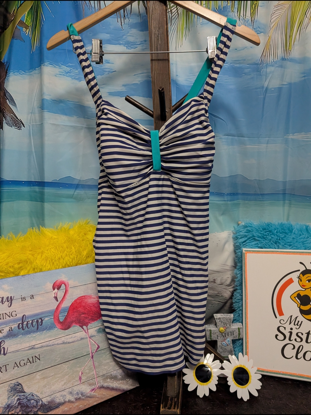 Girls Navy & White Striped Tankini Top Only Swimsuit with Teal Accent